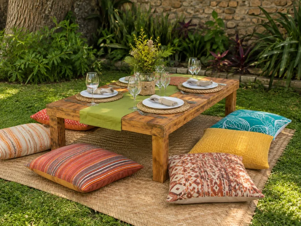 Montaje orgánico estilo picnic con mesa baja, petates y seis cojines