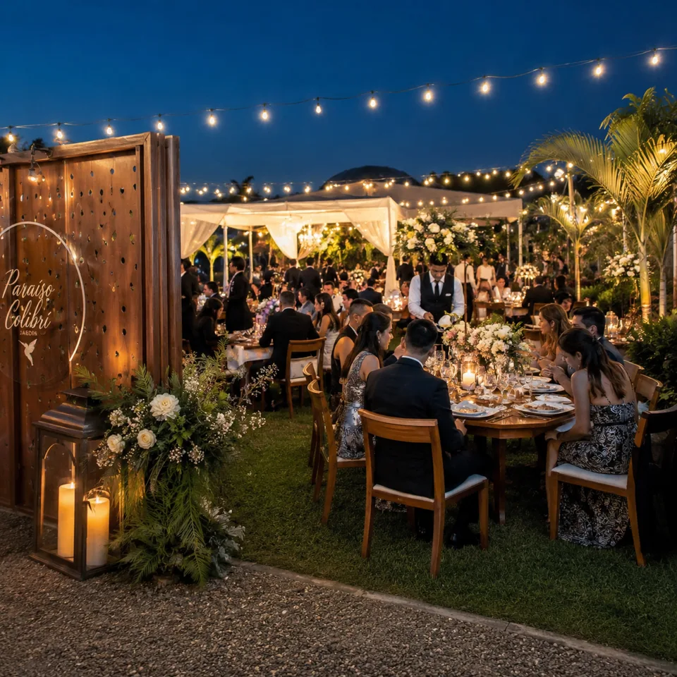 Cena empresarial con banquete y montaje en jardín de Morelos