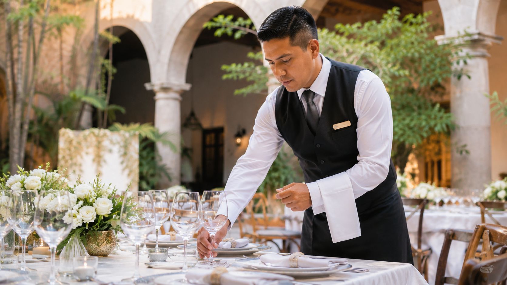 Un camarero profesional coloca cuidadosamente una copa de cristal en una mesa elegante preparada para un evento.