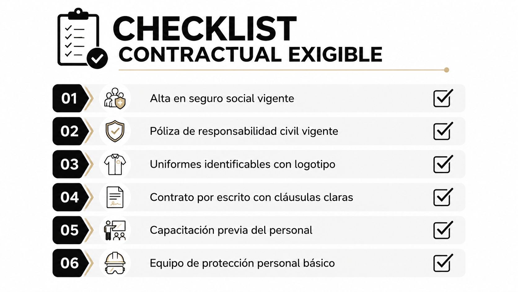 Lista de verificación contractual con seis requisitos esenciales para la contratación de personal de servicios logísticos.