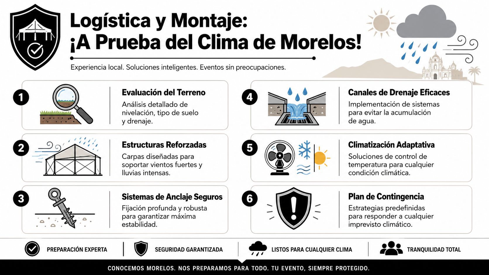 Infografía sobre logística y montaje de carpas para eventos, adaptadas para resistir el clima de Morelos.