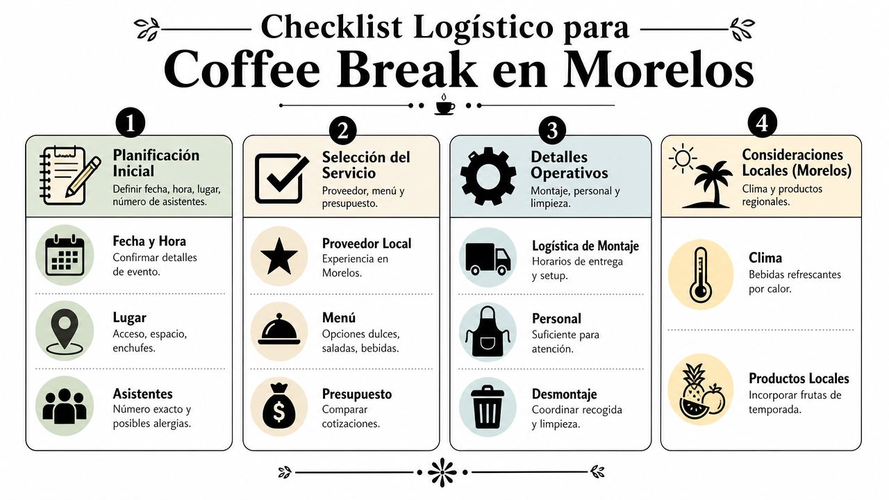 Infografía con una lista de verificación logística para organizar un coffee break exitoso en el estado de Morelos.