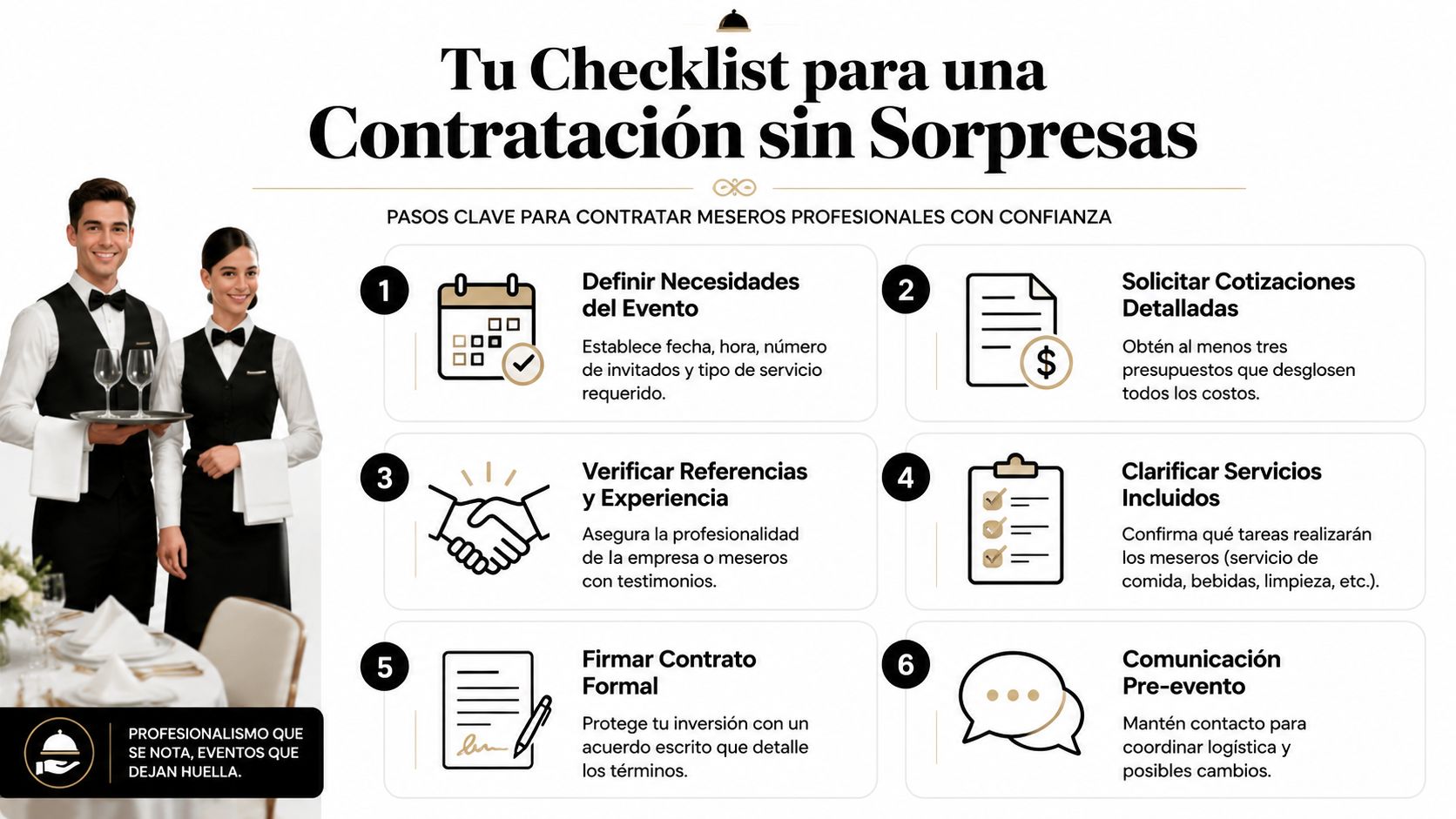 Una infografía informativa titulada Tu Checklist para una Contratación sin Sorpresas con consejos para contratar meseros profesionales.