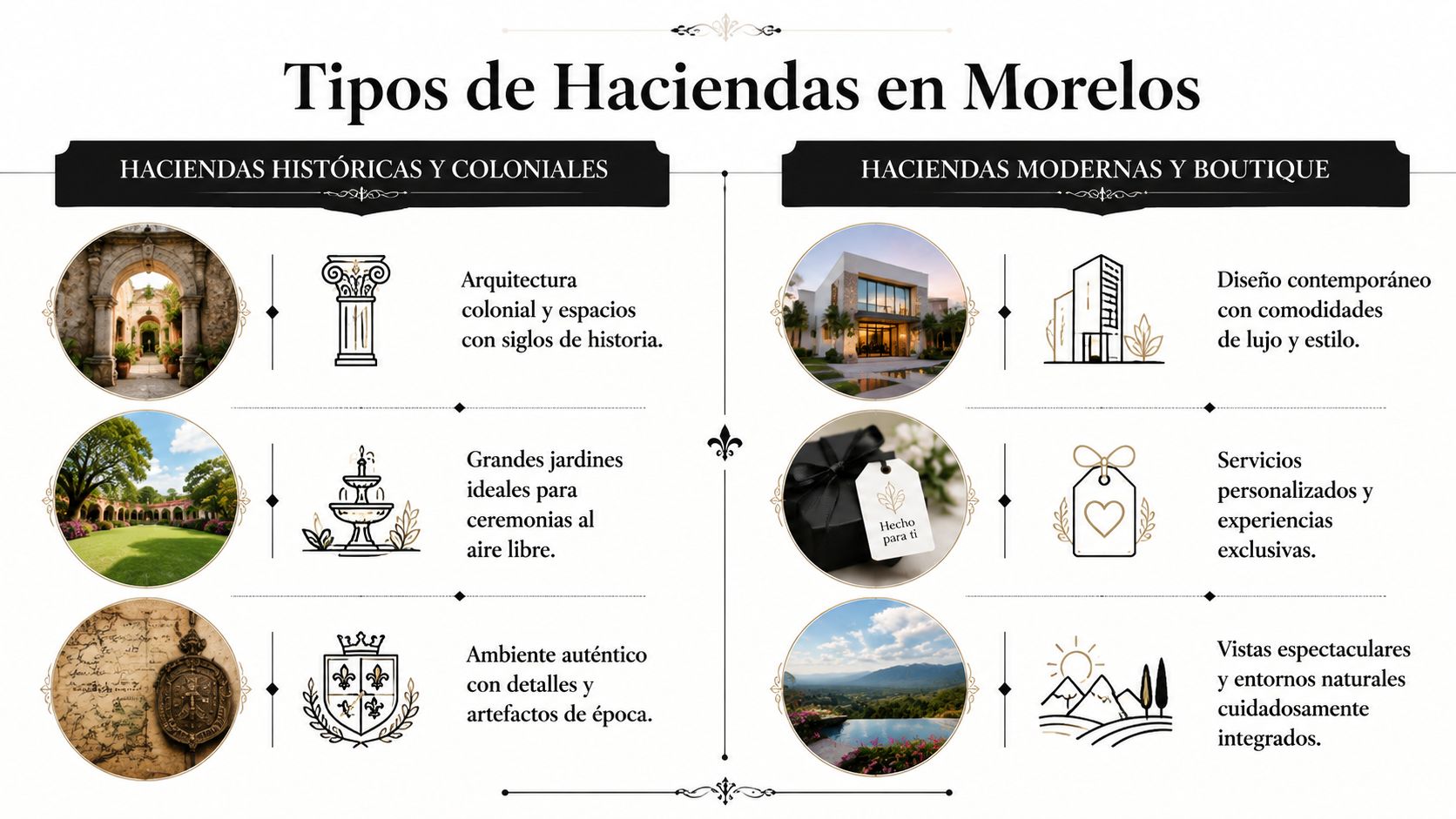 Infografía comparativa que muestra los diferentes tipos de haciendas para eventos en el estado de Morelos.