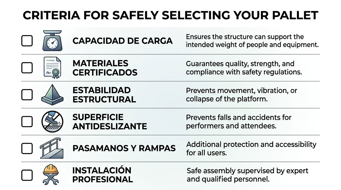 Lista de verificación sobre los criterios de seguridad esenciales para seleccionar una plataforma o tarima para eventos.