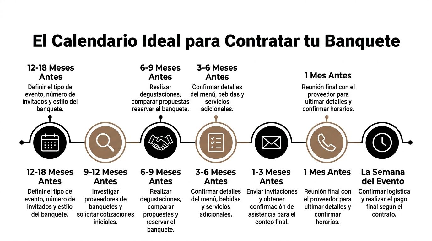 Infografía sobre el calendario ideal para contratar servicios de banquetes paso a paso antes del evento.