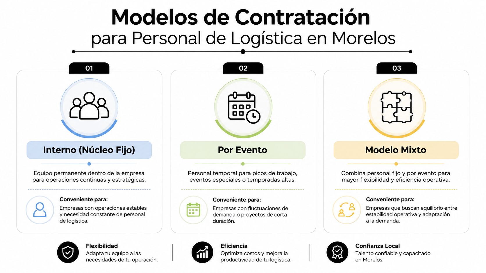 Infografía sobre los tres modelos de contratación para personal de logística en el estado de Morelos.