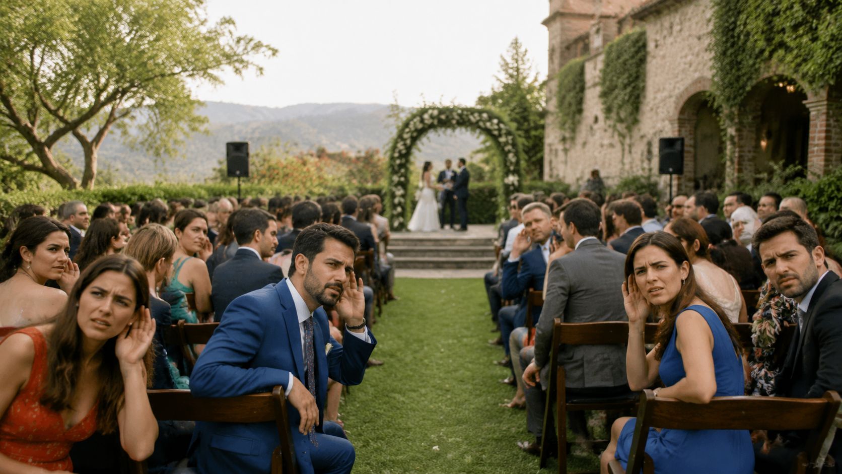Invitados de boda escuchando atentos con la mano en la oreja durante una ceremonia al aire libre