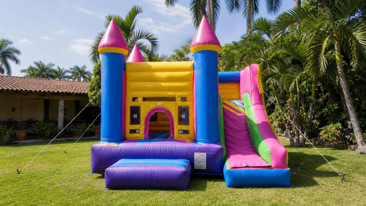 Un castillo inflable colorido con tobogán para fiestas infantiles colocado sobre el césped de un jardín.