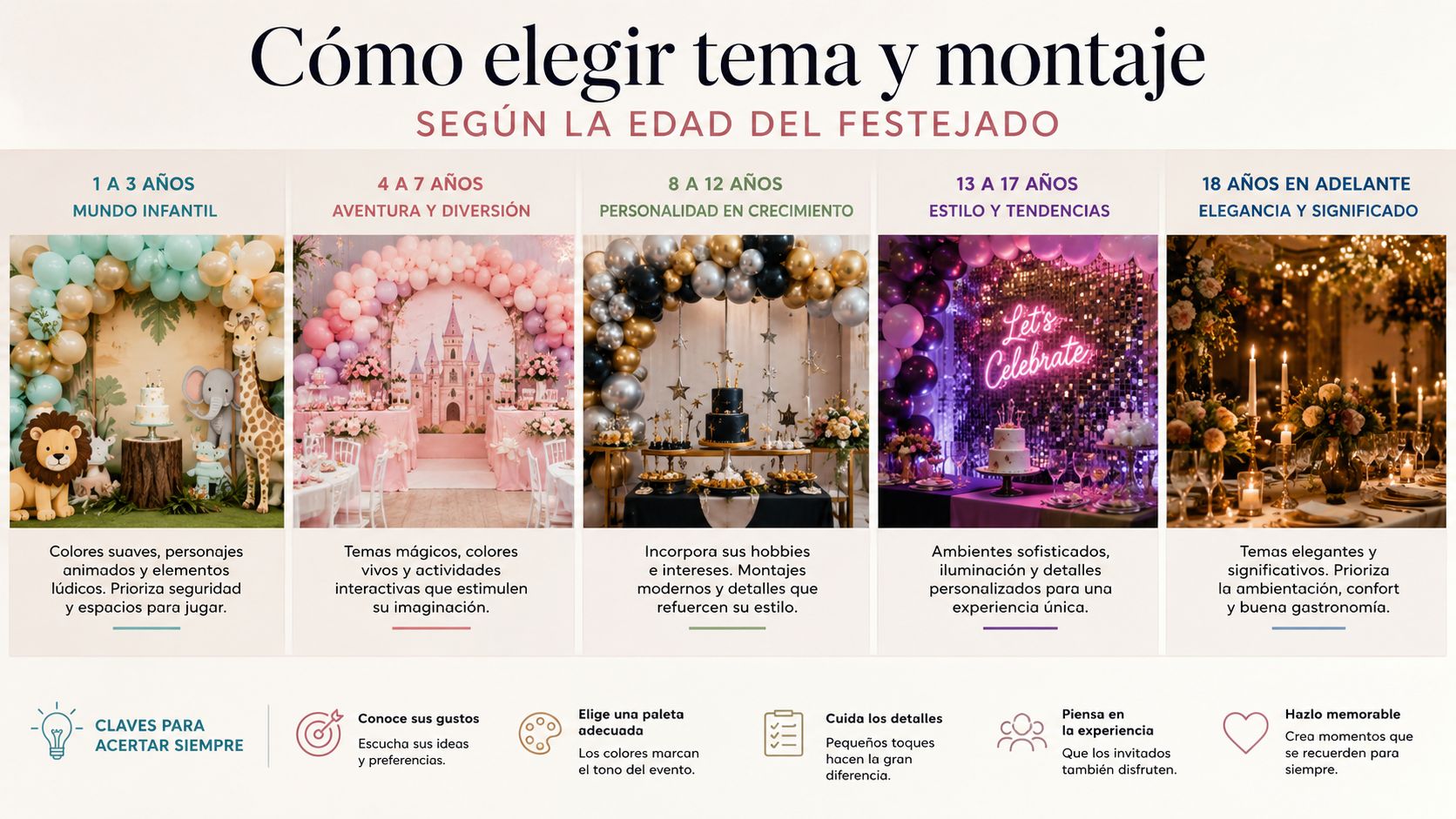 Infografía que guía sobre cómo elegir temas y montajes para fiestas según la edad del festejado.
