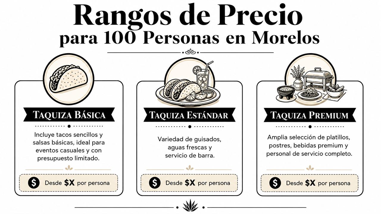 Gráfico informativo que muestra los rangos de precios de taquizas para 100 personas en Morelos, México.