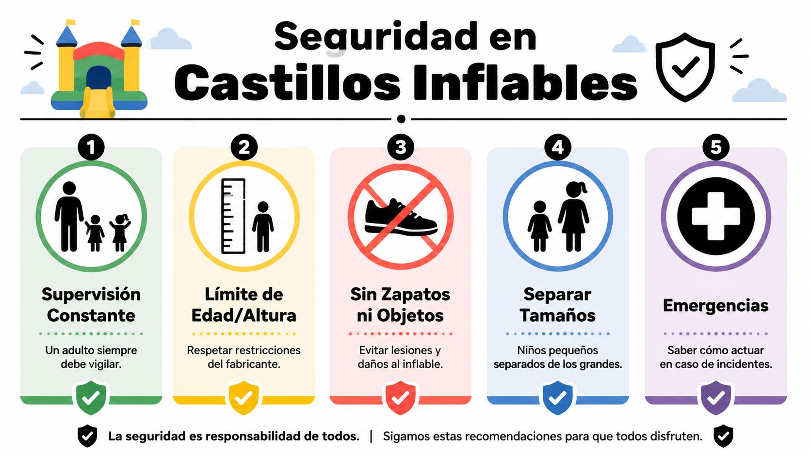 Infografía con cinco reglas de seguridad esenciales para el uso responsable y seguro de castillos inflables.