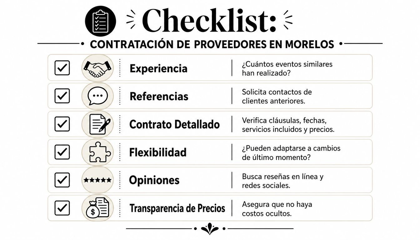 Lista de verificación para contratar proveedores de eventos en Morelos, incluyendo experiencia, referencias, contratos y precios.