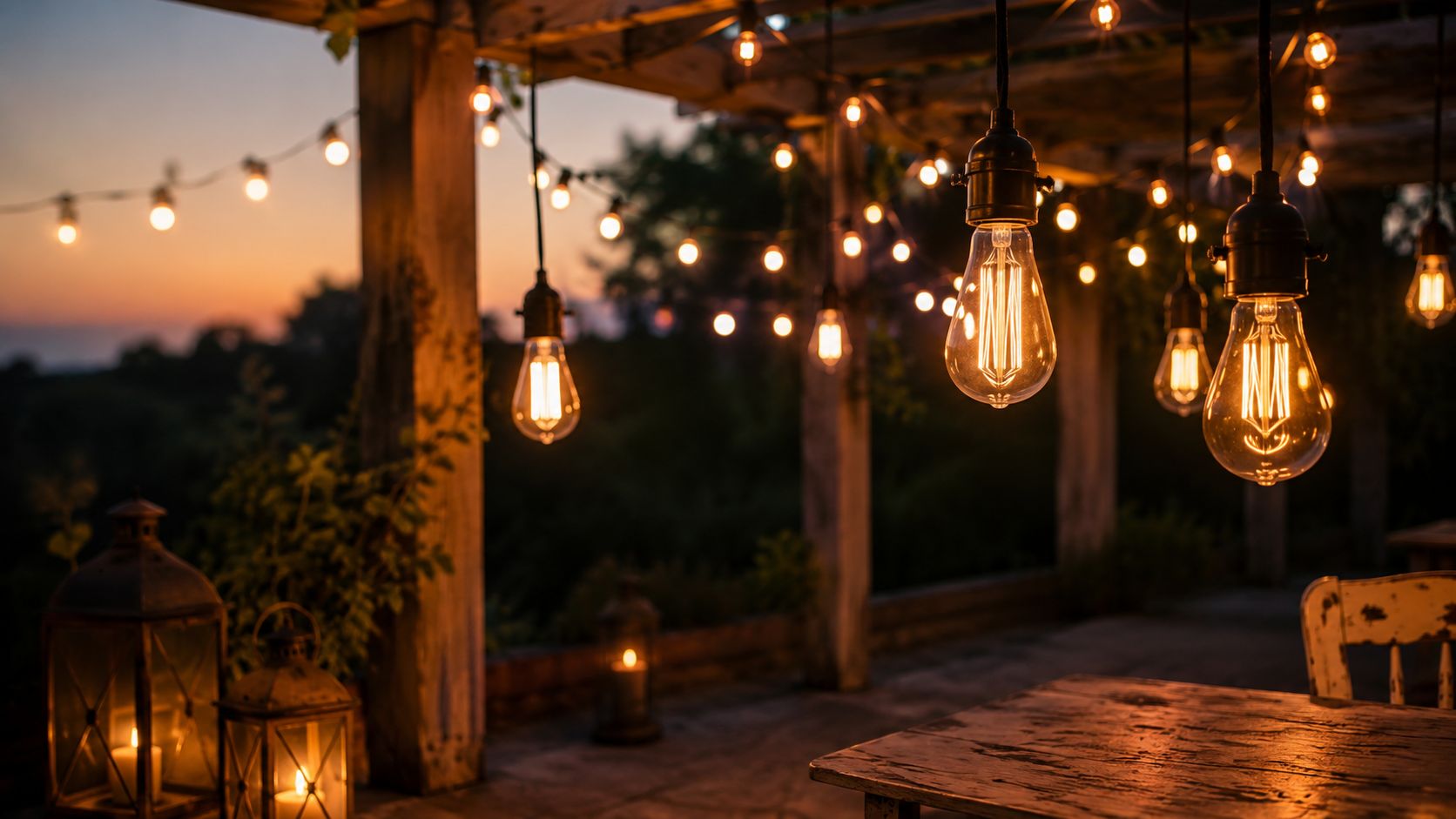 Decoración de patio al atardecer con luces incandescentes colgantes, muebles rústicos y faroles de metal decorativos.