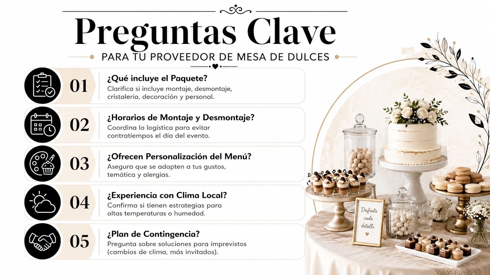 Una infografía con cinco preguntas esenciales para contratar a un proveedor de mesas de dulces profesional.