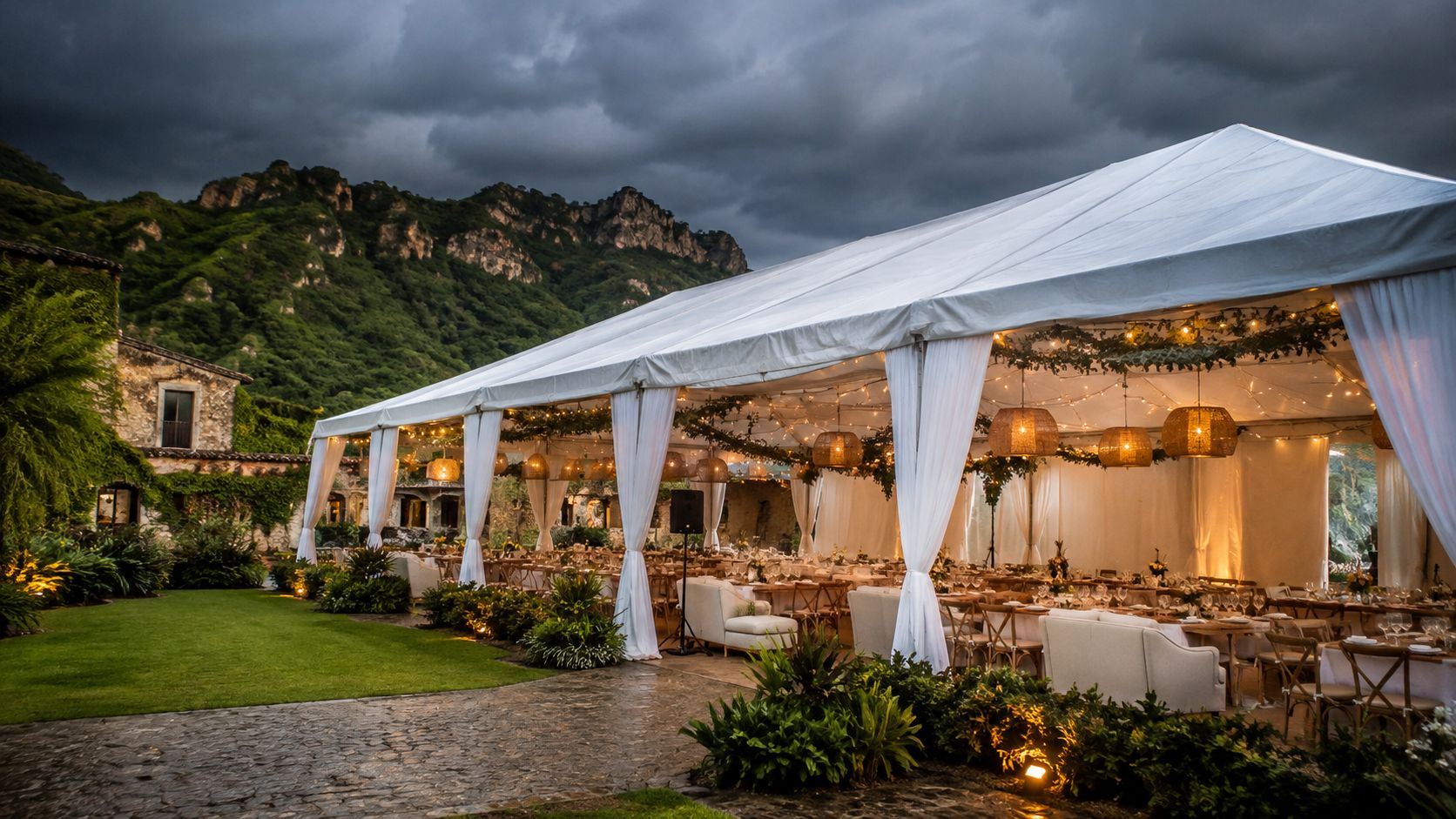 Una elegante carpa blanca para bodas instalada en un jardín frente a montañas bajo un cielo nublado.