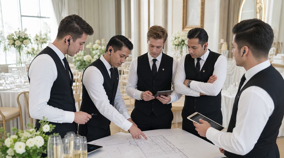 Un equipo de meseros profesionales con uniformes coordinando la logística de un evento en una sala.