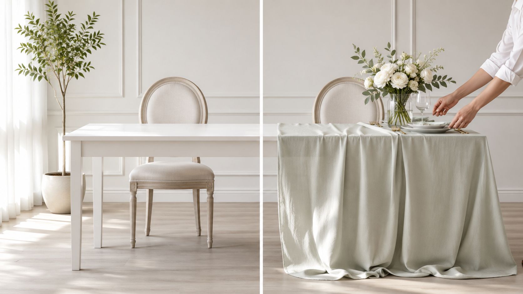 Una mesa de comedor elegante vestida con un mantel verde claro y flores blancas en una habitación.