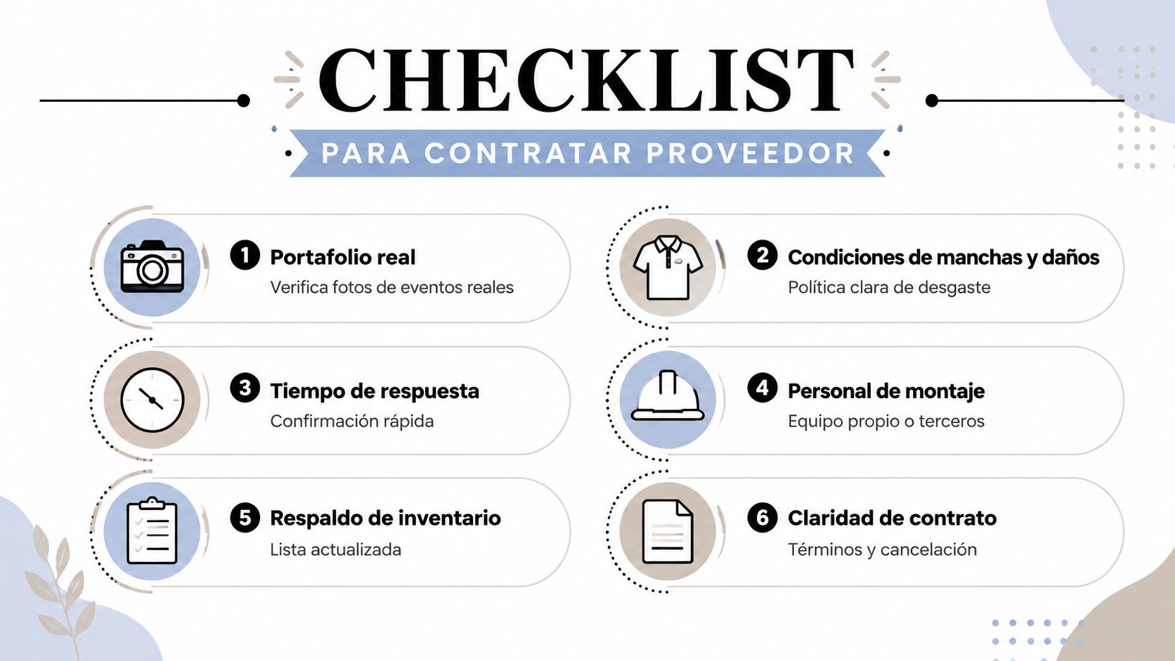 Lista de verificación infográfica en español para contratar proveedores de servicios de eventos o mobiliario.