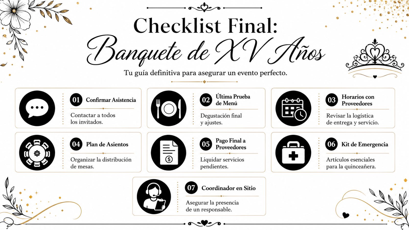 Lista de verificación para la organización de un evento de banquete para XV años.