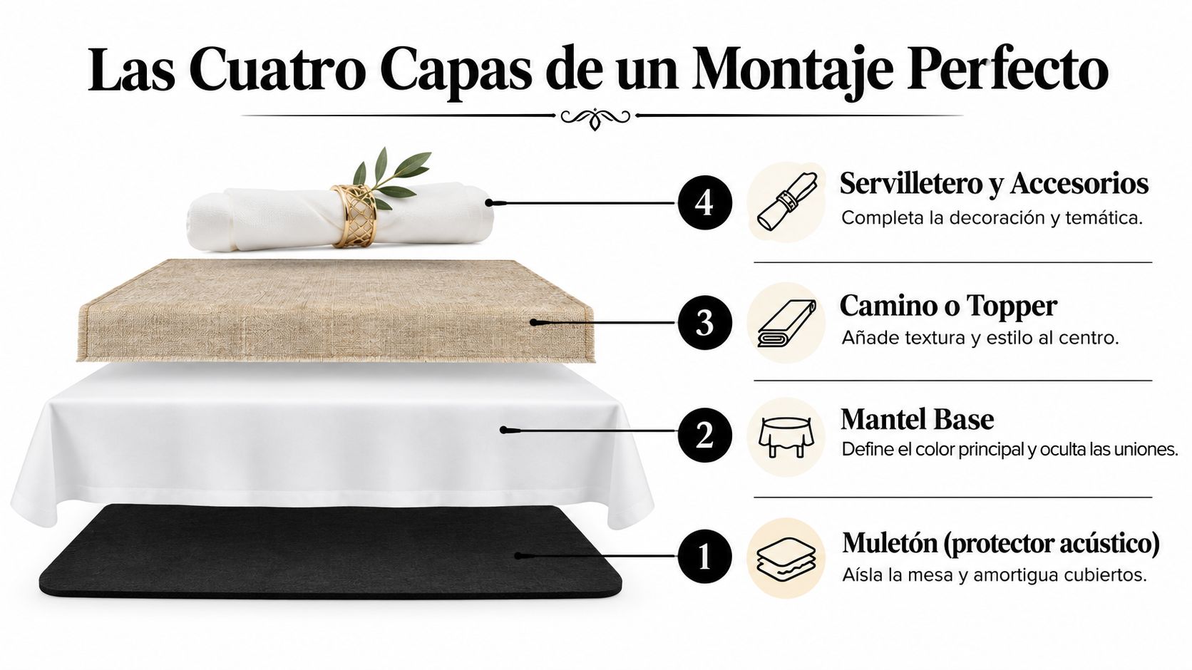 Infografía sobre las cuatro capas esenciales para lograr un montaje de mesa perfecto y elegante en eventos.