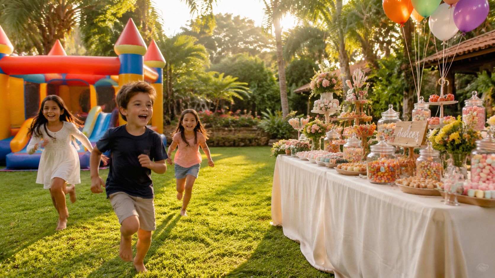 Tres niños felices corren frente a una mesa decorada con dulces durante una fiesta infantil en un jardín.