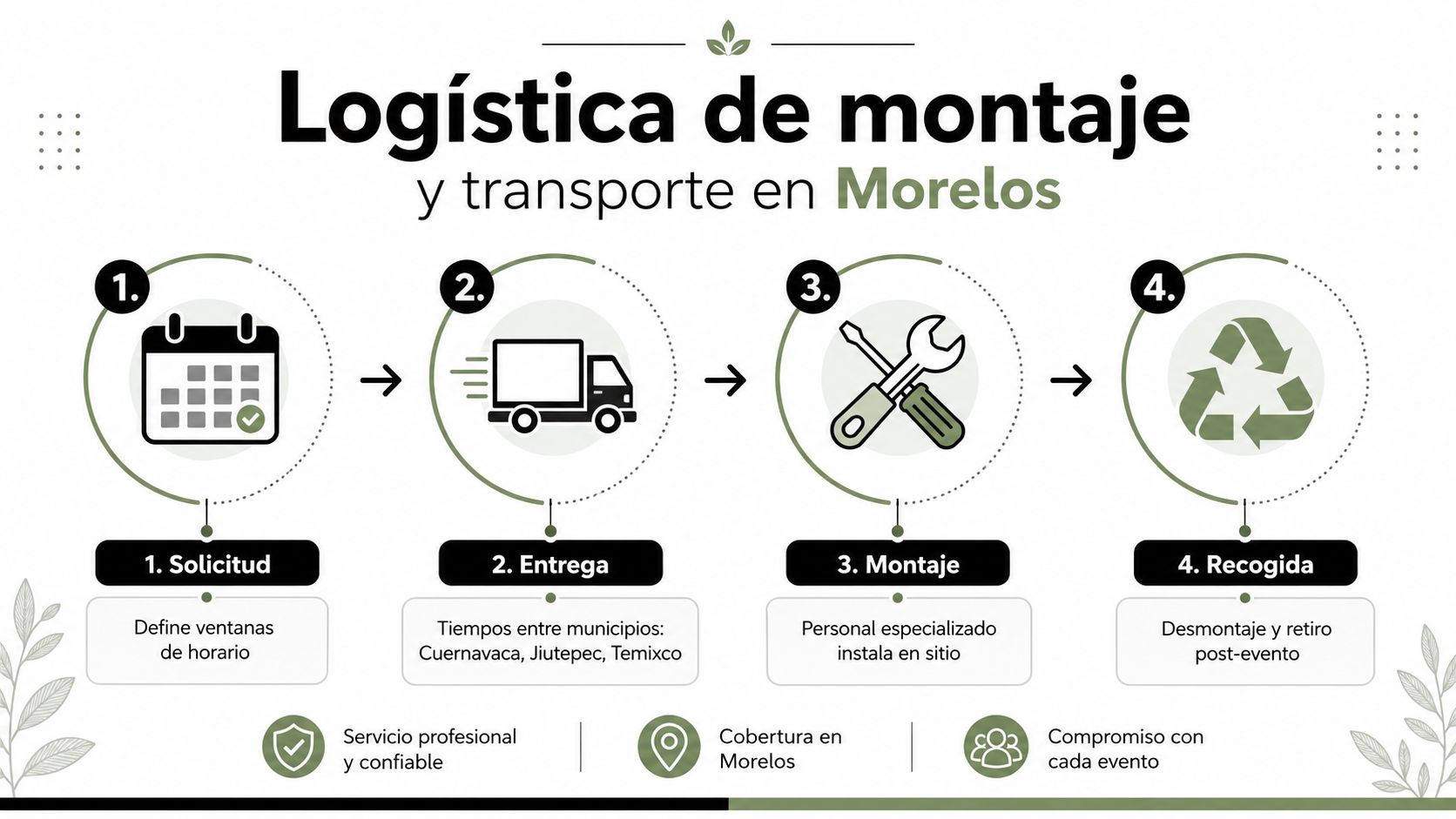 Infografía sobre el proceso de logística para renta de mobiliario vintage en el estado de Morelos.