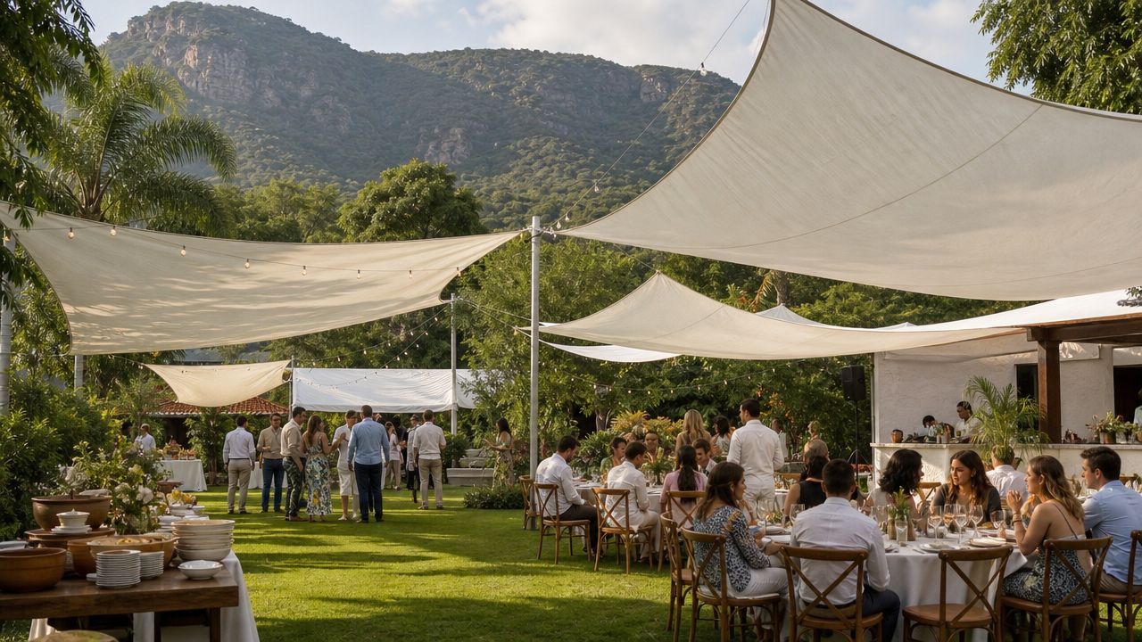 Grupo de personas disfrutando de una elegante recepción al aire libre bajo toldos y carpas decorativas.