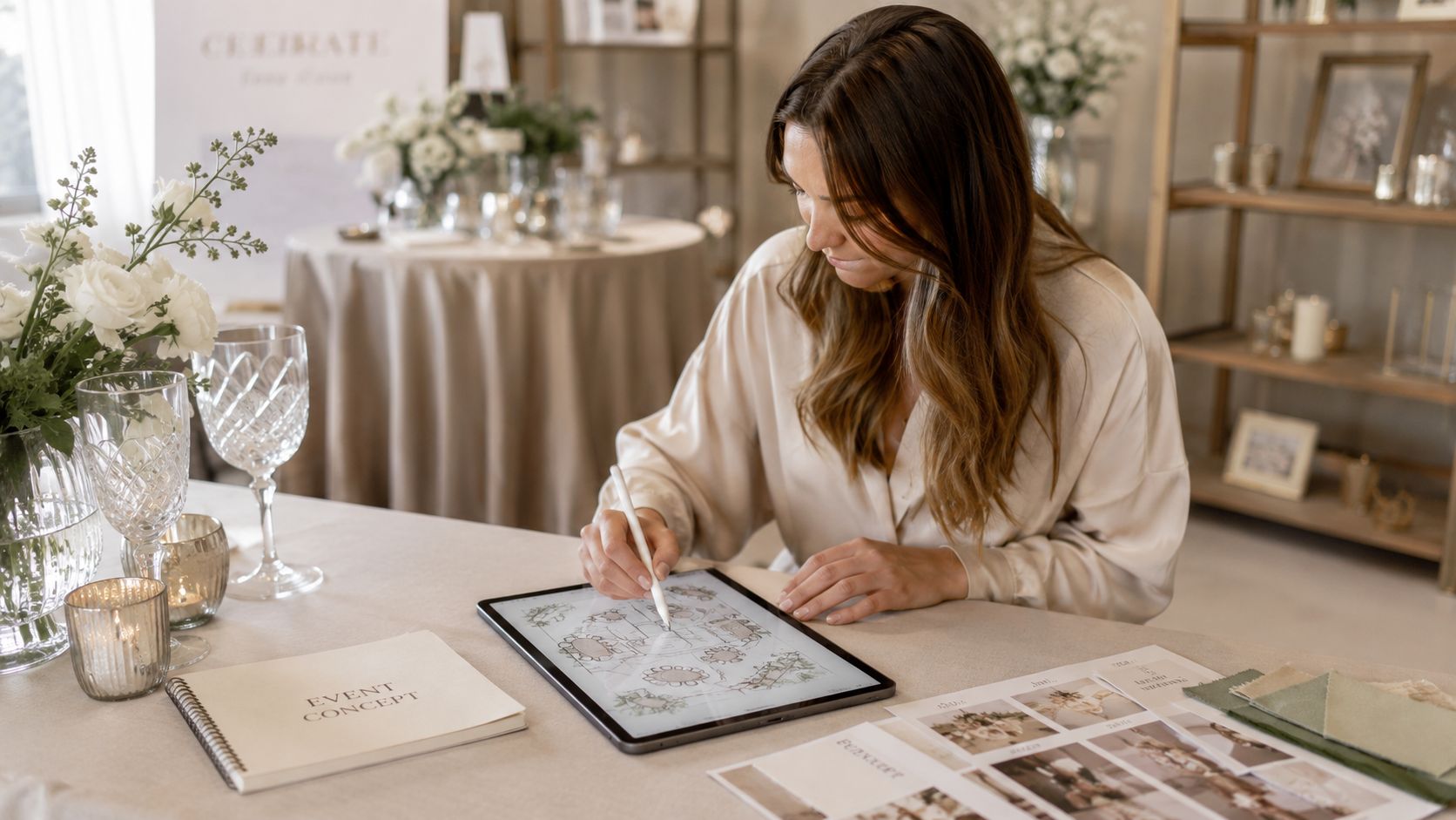 Una organizadora de eventos planifica diseños de salones para eventos pequeños usando una tableta y lápiz óptico.