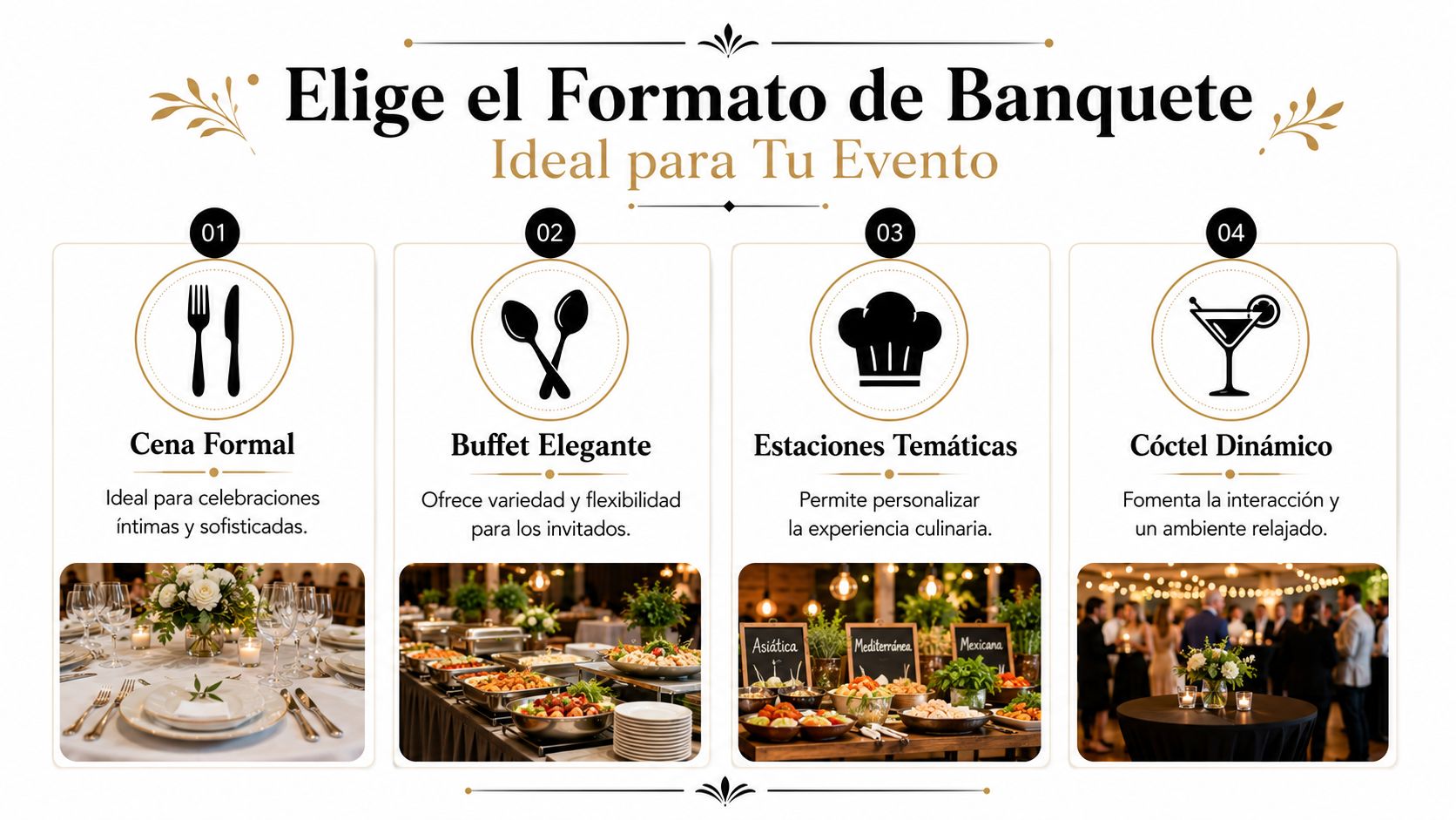 Cuatro formatos de banquetes para eventos: cena formal, buffet, estaciones temáticas y cóctel dinámico para tu celebración.