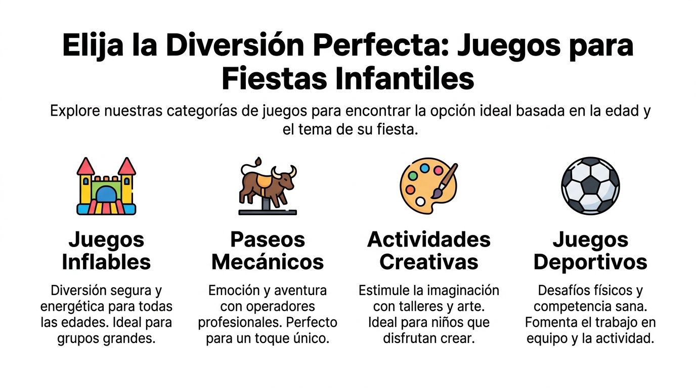 Gráfico con cuatro categorías de juegos para fiestas infantiles, incluyendo inflables, paseos mecánicos, actividades creativas y deportes.