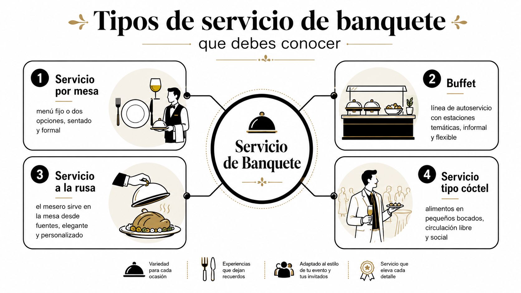 Infografía que muestra cuatro tipos principales de servicio de banquetes para eventos: mesa, buffet, rusa y cóctel.