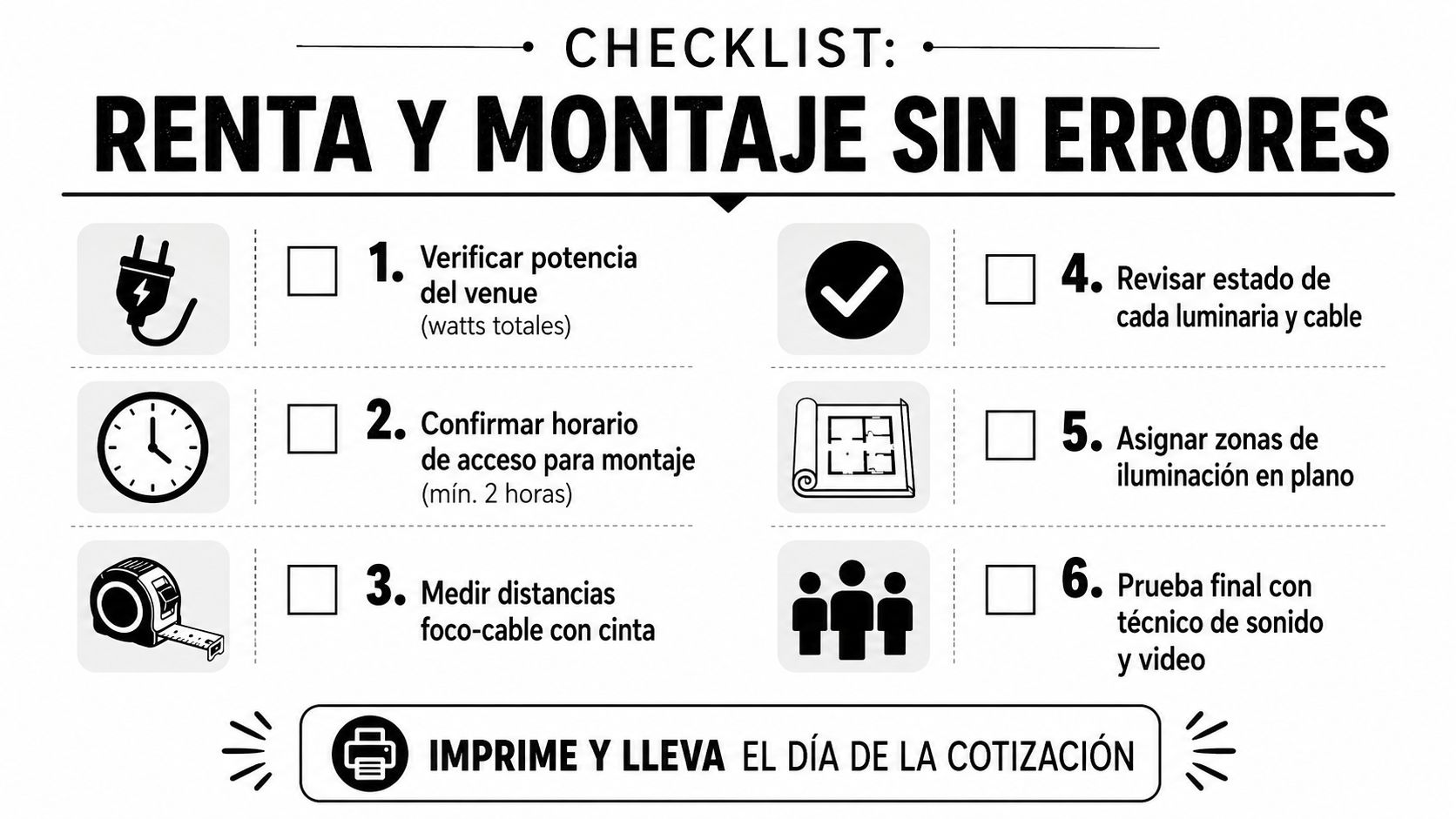 Lista de verificación para la renta y el montaje sin errores de equipos de iluminación profesional