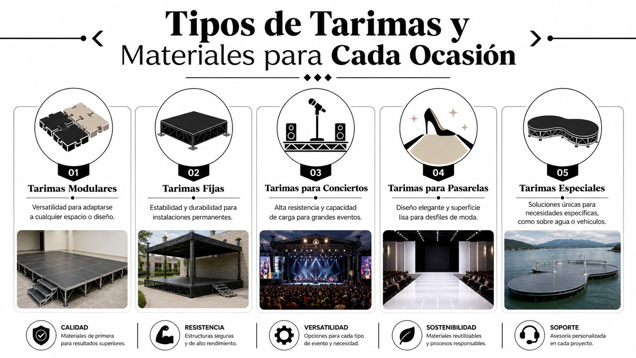 Infografía sobre los cinco tipos principales de tarimas para eventos, destacando sus usos, materiales y características técnicas.