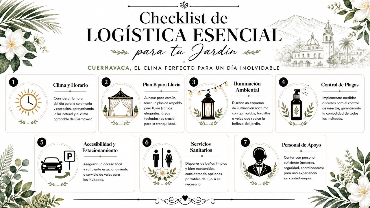 Una infografía informativa con siete consejos logísticos esenciales para organizar una boda en jardines de Cuernavaca.