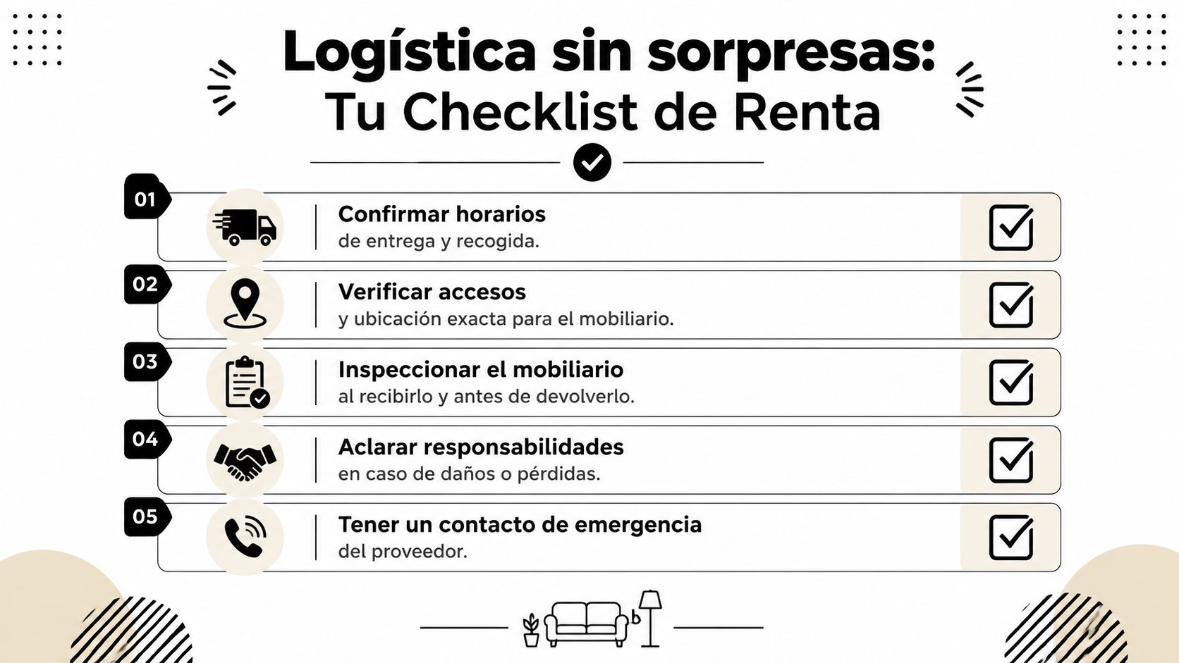 Lista de verificación para la renta de mobiliario, detallando pasos esenciales para una logística exitosa y organizada.