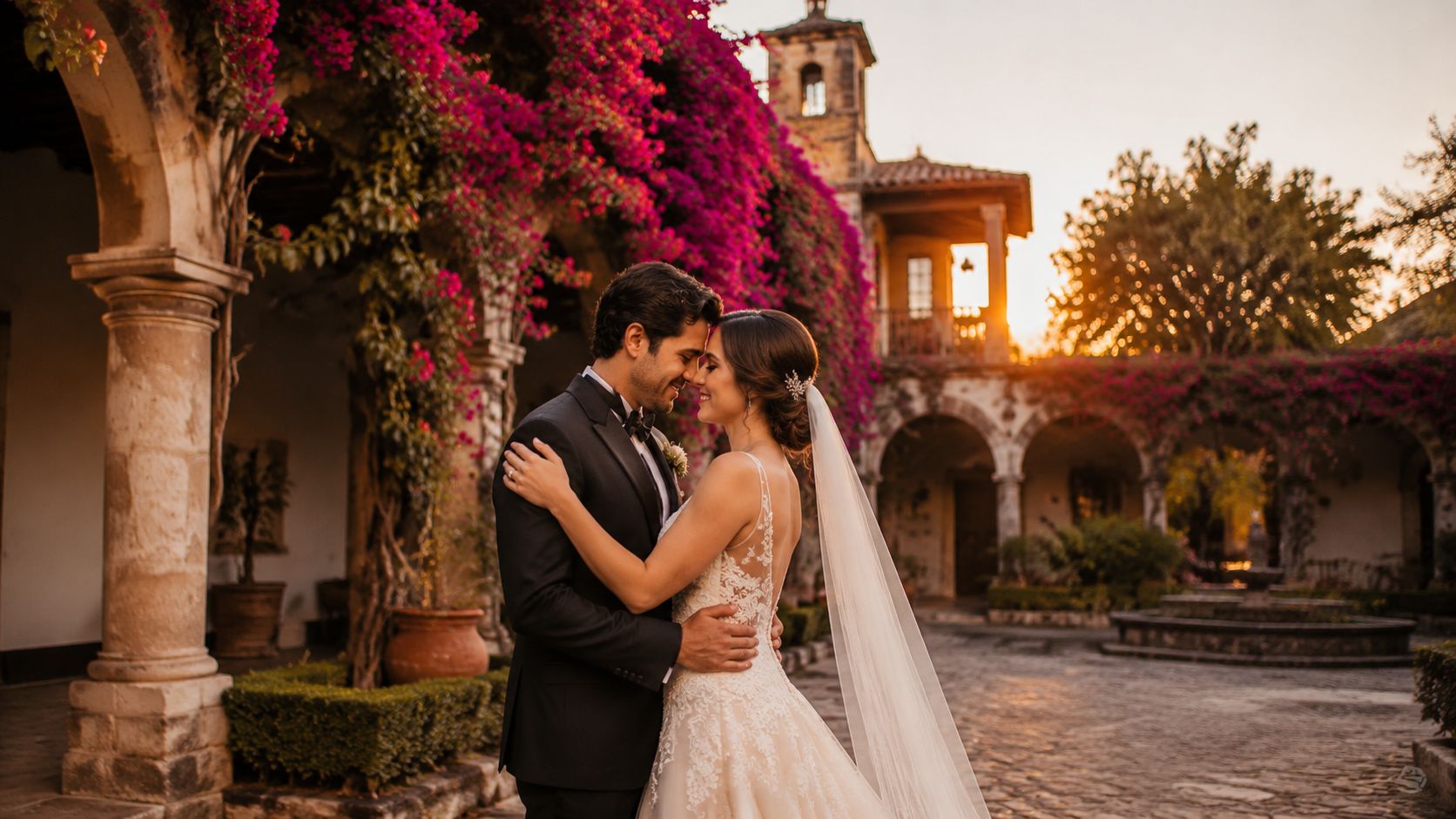 Una pareja de recién casados dándose un abrazo romántico frente a una hermosa hacienda con flores bougainvillea.