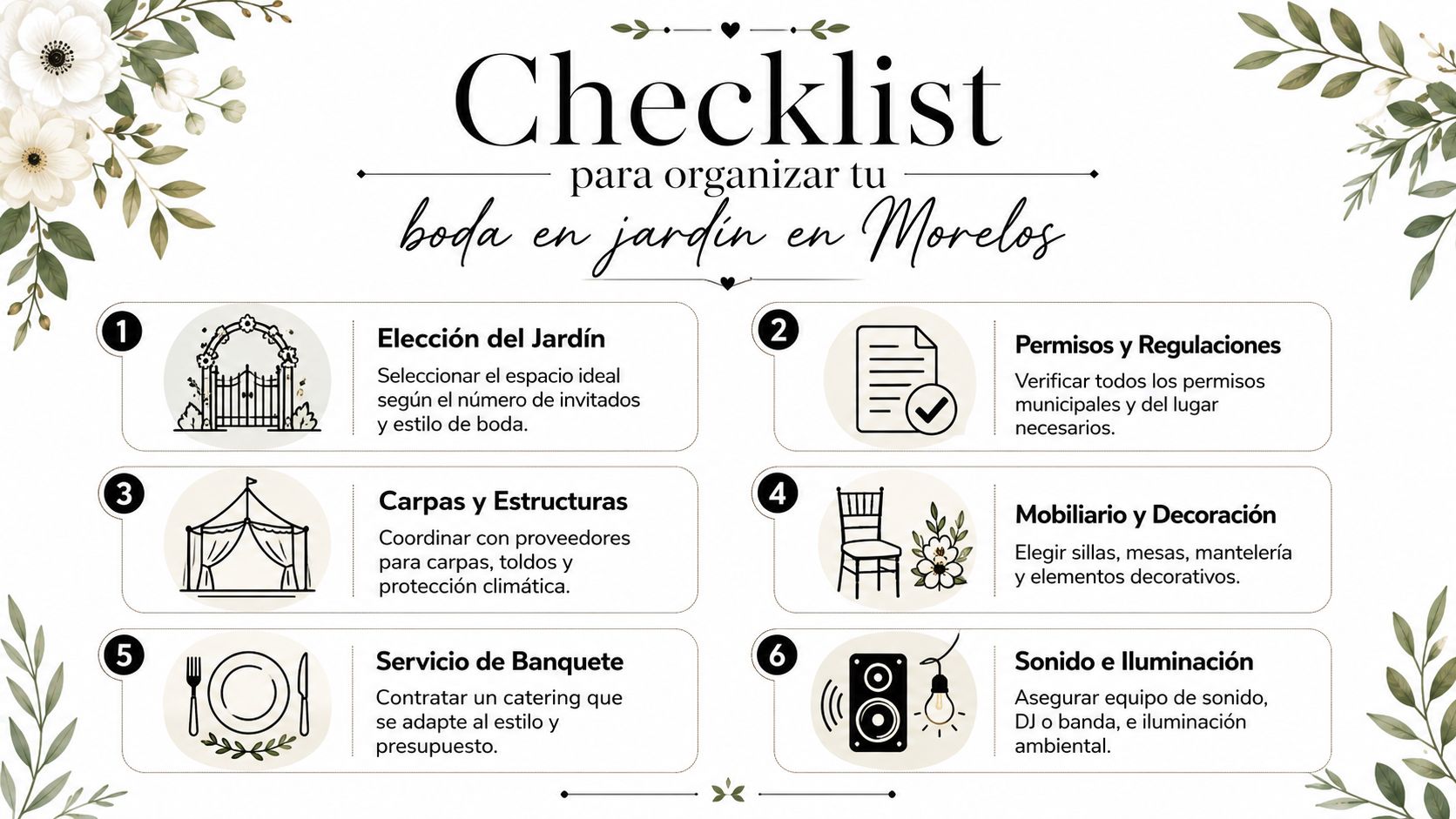 Lista de verificación para organizar una boda en un jardín en el estado de Morelos, México.