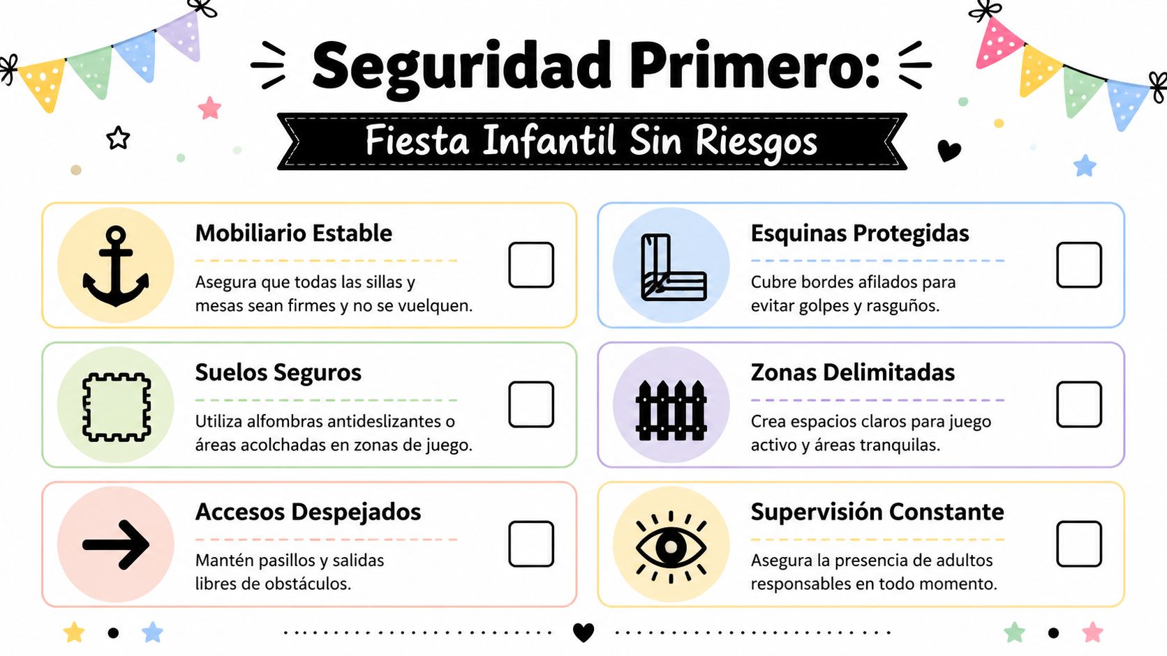 Infografía con consejos de seguridad esenciales para organizar una fiesta infantil sin riesgos y con supervisión.