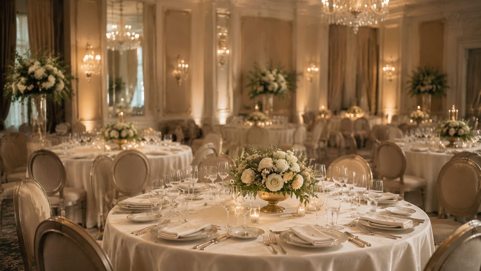 Salón de banquetes elegante con mesas redondas decoradas con flores, vajilla fina y sillas clásicas.