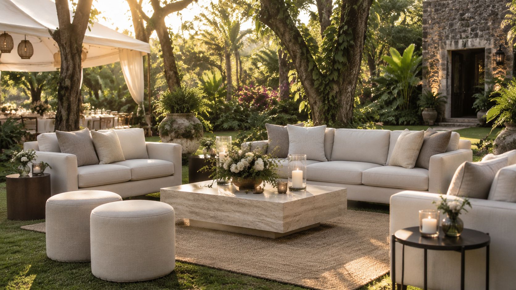 Sofás blancos y elegantes dispuestos en un jardín al atardecer, ideal para eventos exclusivos y reuniones sociales.