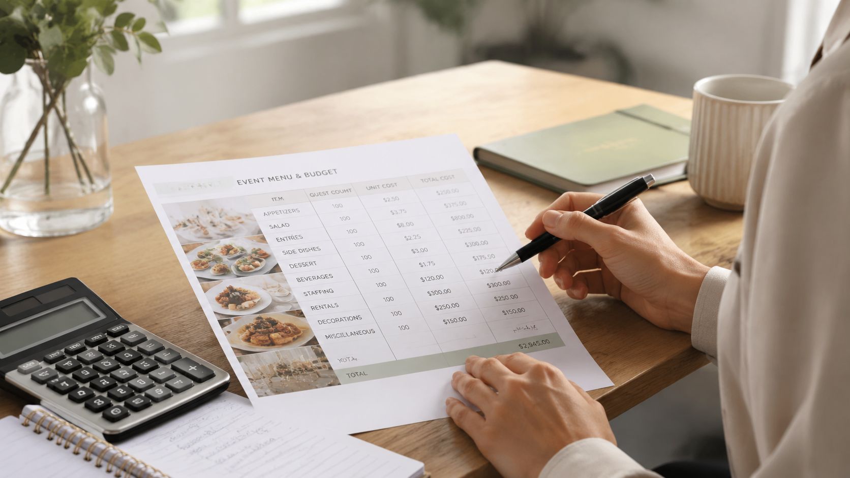 Una persona revisa un presupuesto detallado para la planificación de un evento de catering con calculadora.