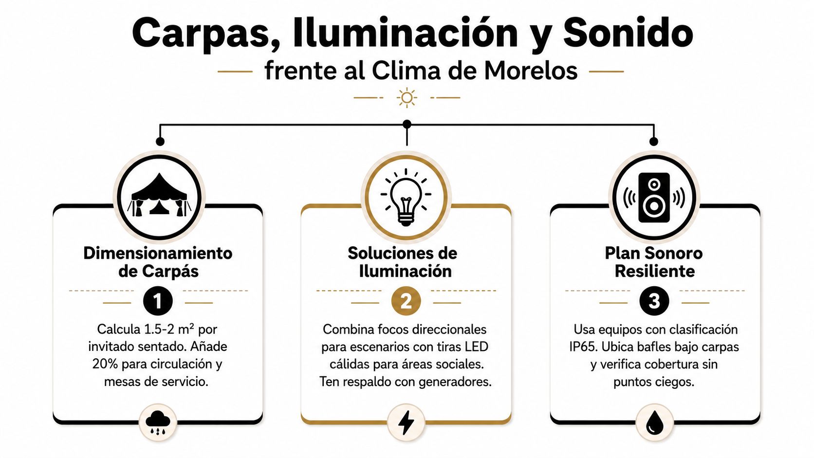 Infografía sobre recomendaciones para organizar eventos al aire libre considerando el clima, iluminación y equipo de sonido.