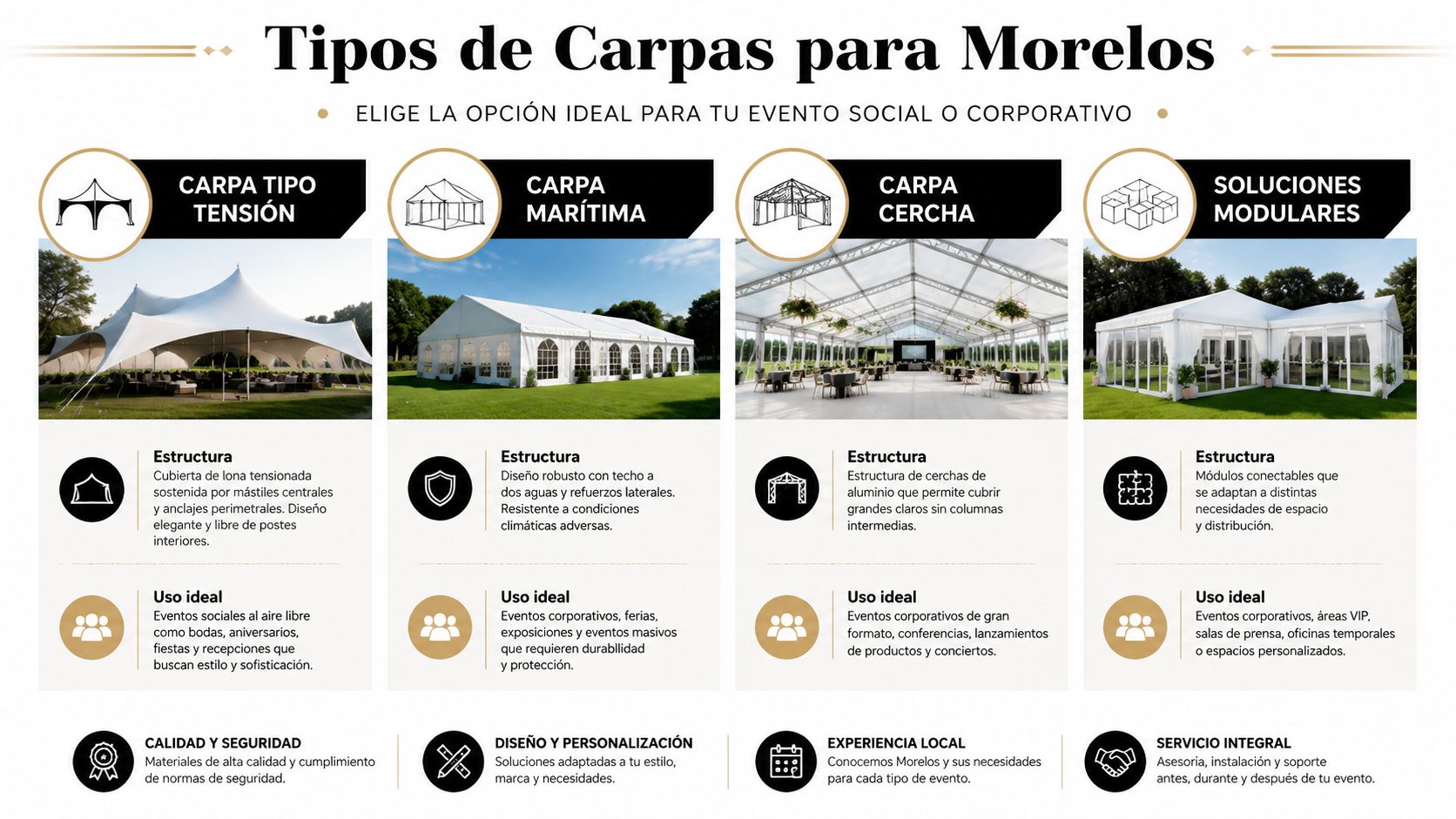 Infografía sobre tipos de carpas para eventos sociales y corporativos disponibles en el estado de Morelos.