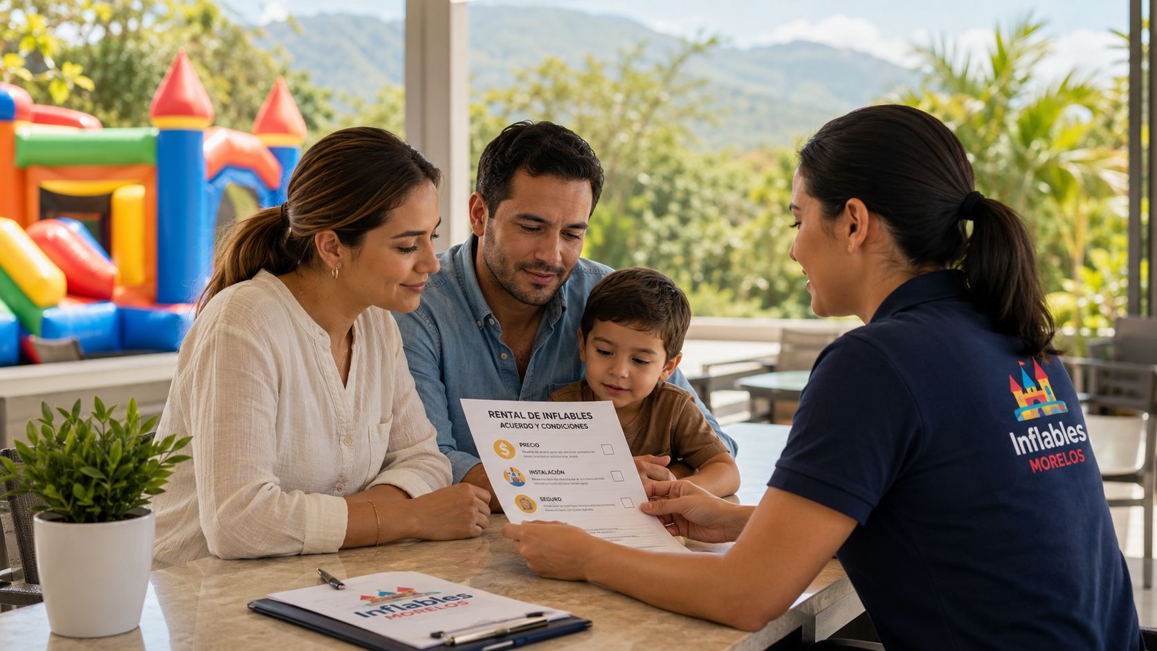Familia revisando un contrato de alquiler de castillos inflables con una asesora en una oficina al aire libre.