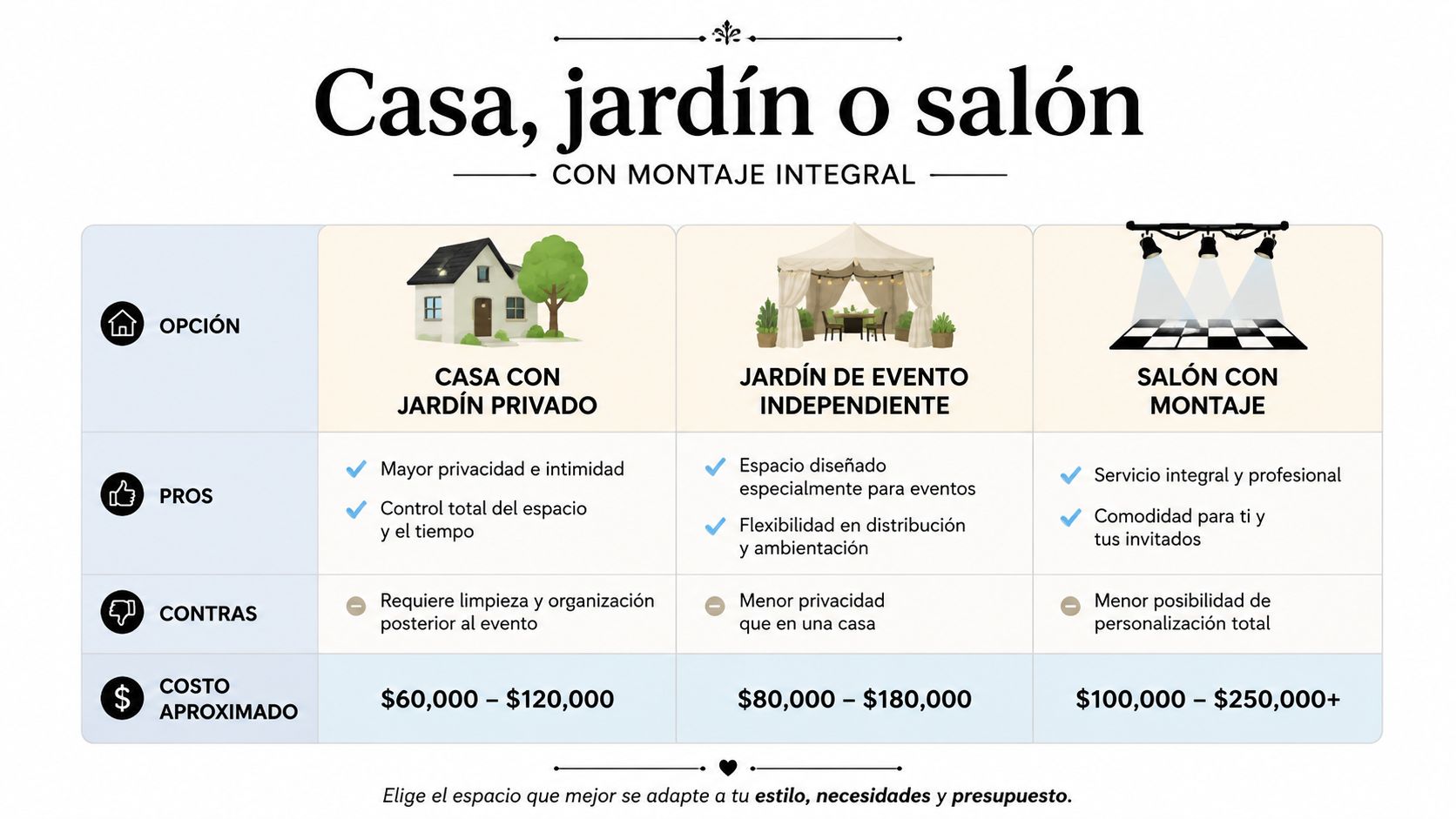 Tabla comparativa de opciones para eventos: casa, jardín privado o salón, incluyendo pros, contras y costos aproximados.