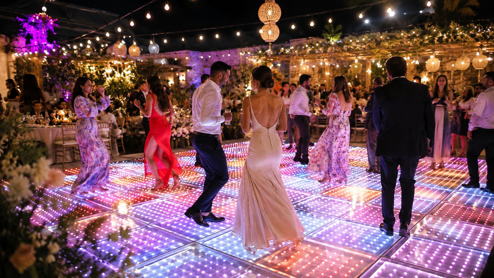 Pareja bailando en una elegante pista de baile iluminada durante una boda nocturna al aire libre