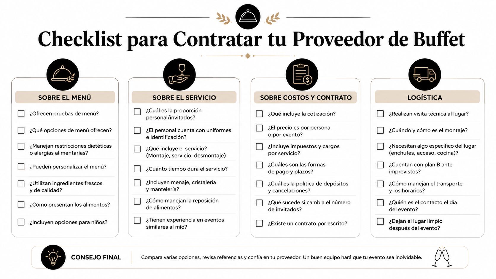 Lista de verificación detallada en español para seleccionar y evaluar proveedores de servicios de buffet para eventos.