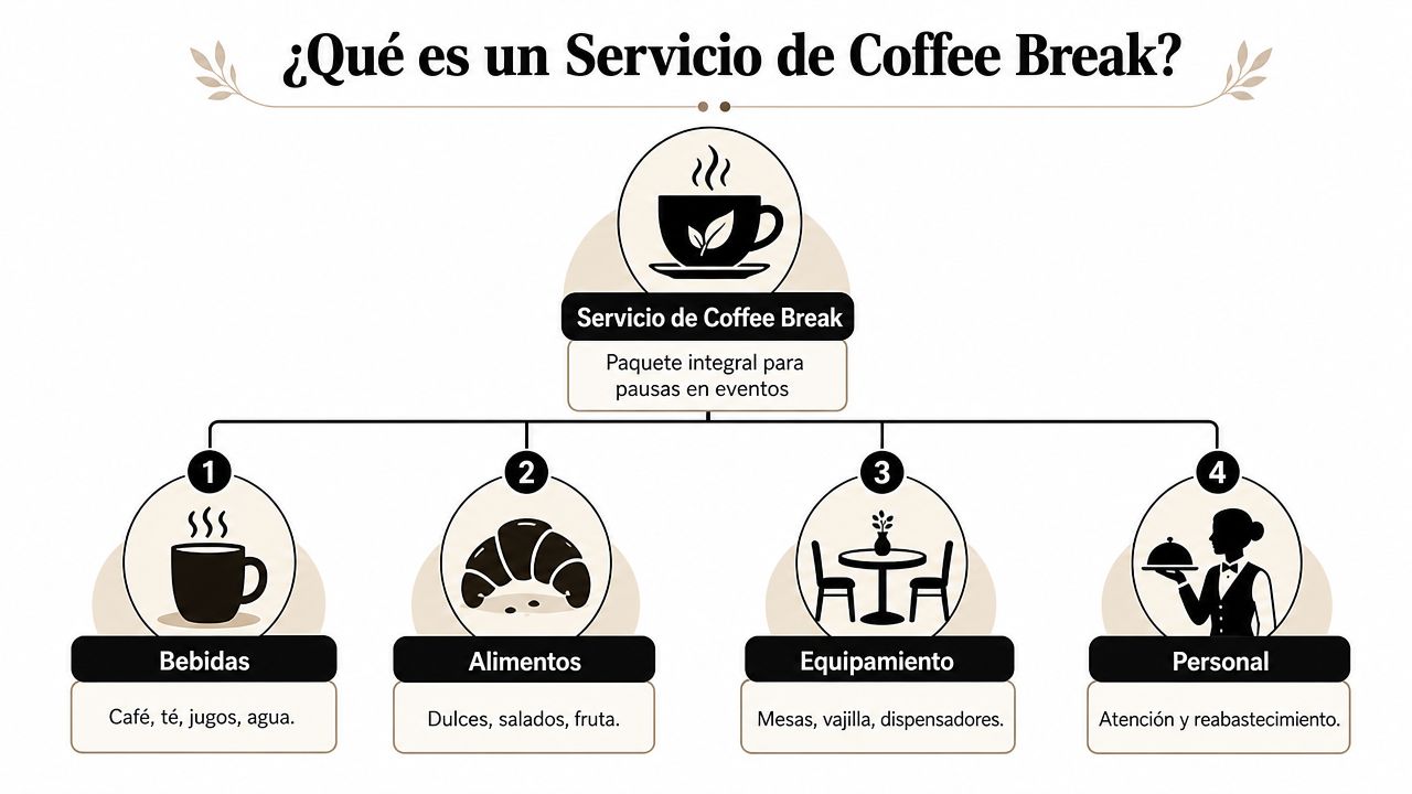 Infografía que explica los componentes principales de un servicio de coffee break para eventos corporativos o sociales.