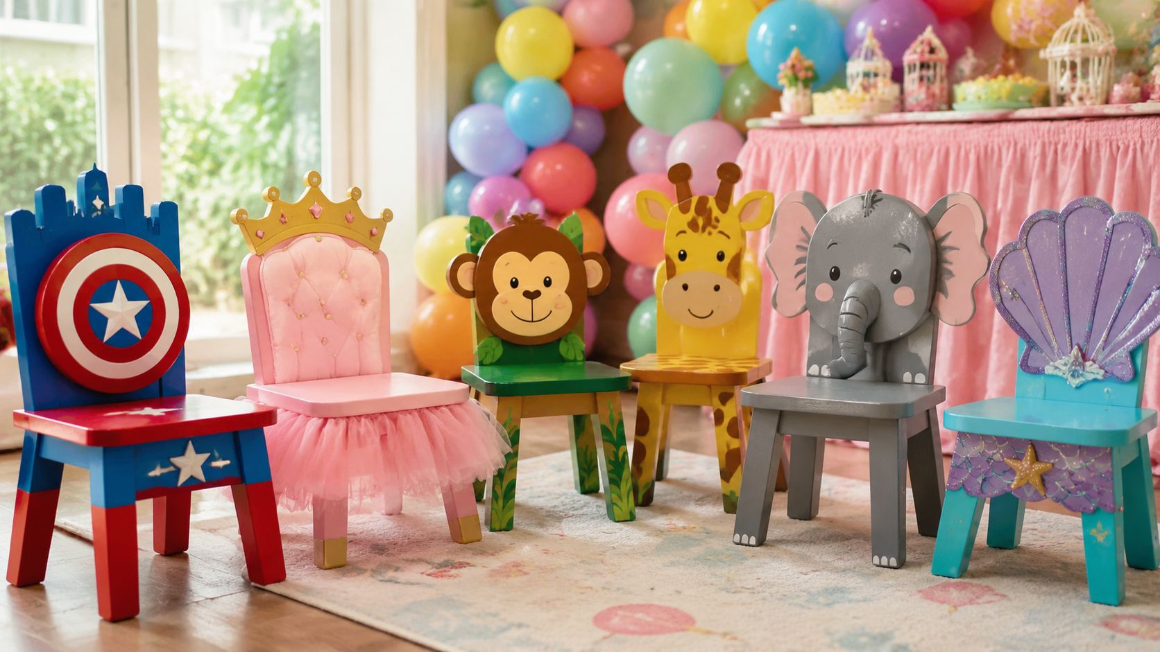 Una fila de cinco sillas infantiles temáticas con diseños de personajes en una sala de fiestas decorada.
